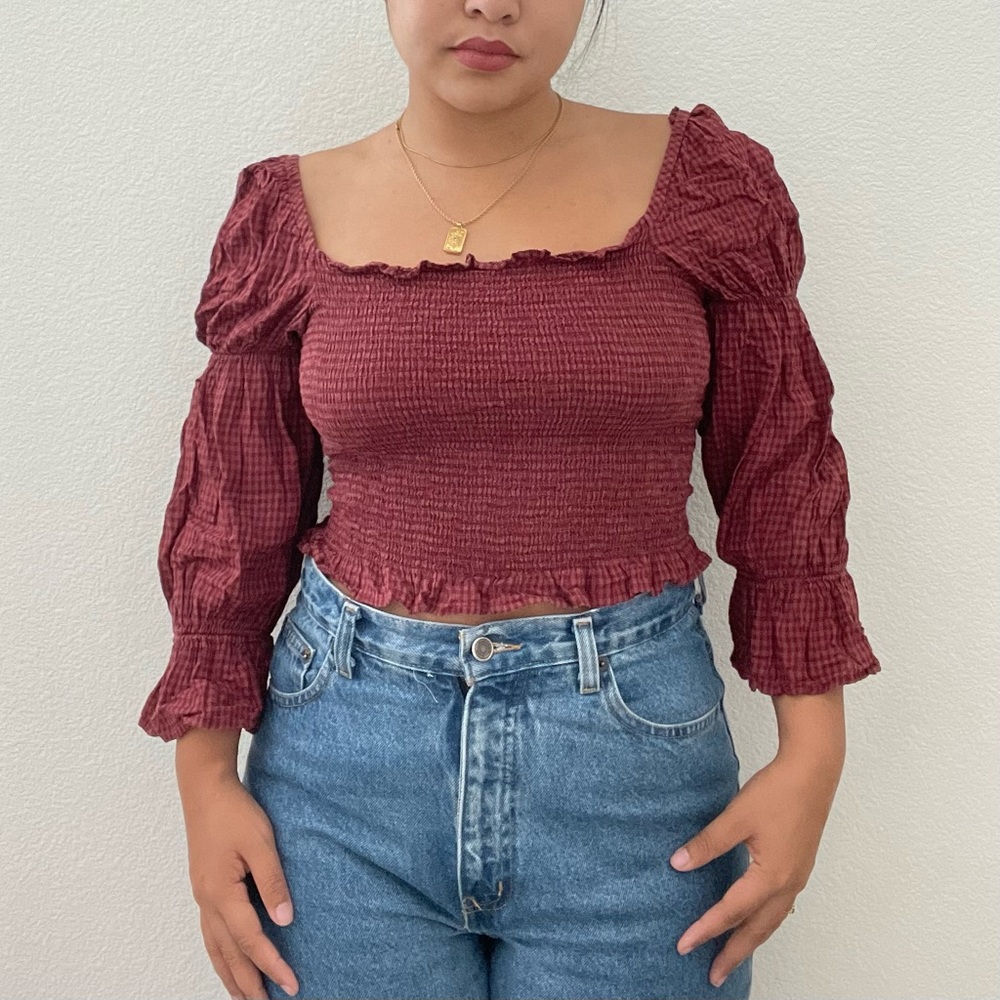 COTTON ON - Burgundy/Maroon Long Sleeve Peasant Crop Top